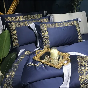 Luxusné Modrá 100S Egyptskej bavlny Royal posteľná bielizeň Nastaviť Kráľovnú, Kráľa Zlaté Výšivky Perinu Posteľ List, Posteľná Bielizeň, obliečky na Vankúše 4pcs