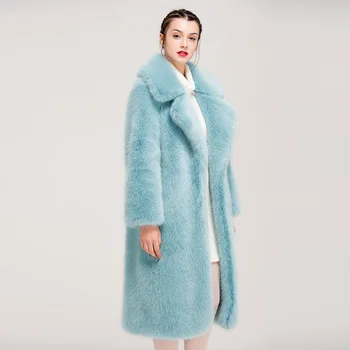 Úrad Dlhá Srsť Srsť Hrubé Teplé Windbreaker Coats Jeseň Zima 2020 Vysokej Kvality Lady Pás Vrecká Plné Rukávy Pevné Bunda