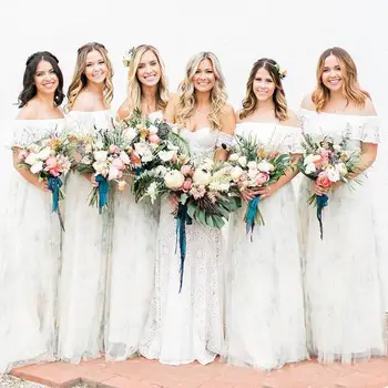 Nové Arrvial !2019 bridesmaid, šaty Biele Ramena Čipka Biela Full-Dĺžka šaty svadobné hostí svadobný hosť