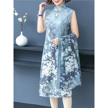 Letné dámske šifón šaty 2020 nové jar leto retro vytlačené cheongsam dvoch-dielny oblek voľné päť-bod rukáv Vestidos A849