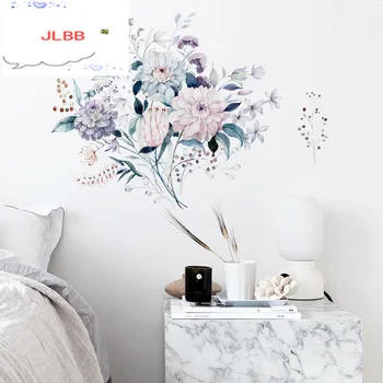 Vodné farby kvetov a rastlín samolepky na stenu spálne, obývacia izba domov pozadí dekorácie, nástenné vymeniteľné samolepky tapety
