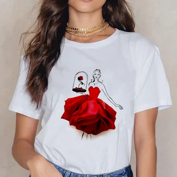 Módne Tričko Perfektná Kombinácia Krásy a Red Rose Grafické Tlače T-shirts Vintage Voľné Písmeno Nové tričko Ženy