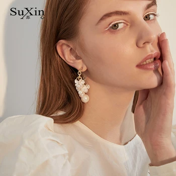 SuXin náušnice 2020 nové jednoduché strapec malý kvet temperament náušnice pre ženy dlho pearl prívesok náušnice šperky darček
