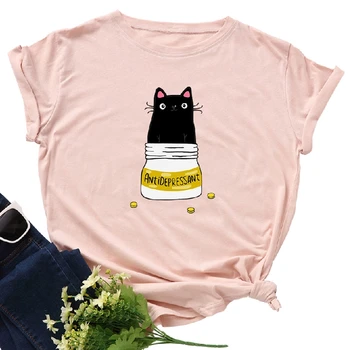Móda Plus Veľkosť Ženy T-tričko Bavlna O-Neck Top Cat Medicíny Jar Vytlačené Tees kvalitné 2021 Lete Žena T Tričko