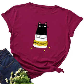 Móda Plus Veľkosť Ženy T-tričko Bavlna O-Neck Top Cat Medicíny Jar Vytlačené Tees kvalitné 2021 Lete Žena T Tričko