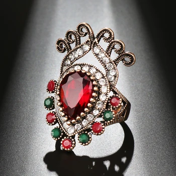 Kinel 2019 Nový Príchod Červenej Vintage Prsteň Pre Ženy Antique Gold Crystal Kvet Indické Šperky
