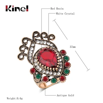 Kinel 2019 Nový Príchod Červenej Vintage Prsteň Pre Ženy Antique Gold Crystal Kvet Indické Šperky