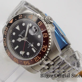 BLIGER Nové GMT Classic 40 mm Muži Mechanické Náramkové hodinky Výročia Kapely Otáčanie Panelu Keramická Fazeta