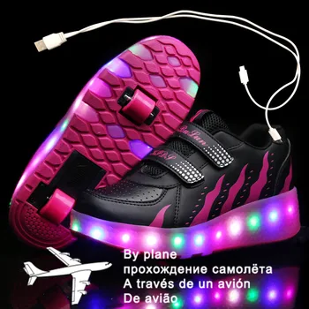 Deti Dve Kolesá Svetelný Žiariace Tenisky Black Pink Led Svetlo Valca Skate Topánky Deti Led Topánky Chlapci Dievčatá USB Nabíjanie 43