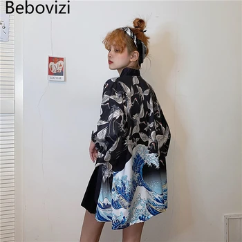 Bebovizi 2020 Žeriav Tlač Kimono Módne Cardigan Ženy Japonský Štýl Obi Yukata Black Haori Tradičné Beach Oblečenie