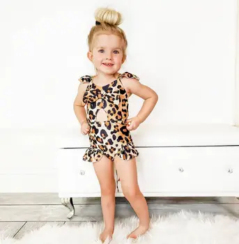 Dievčatko je Leopard Tlač Jumpsuit O-krku bez Rukávov Duté Sa Prehrabať Krátke Nohavice jednodielne Plavky s Lukom