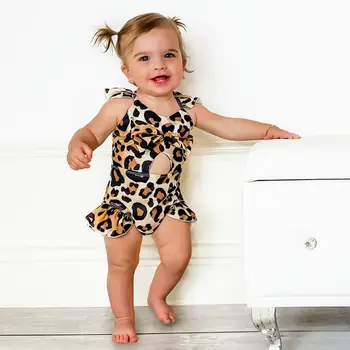 Dievčatko je Leopard Tlač Jumpsuit O-krku bez Rukávov Duté Sa Prehrabať Krátke Nohavice jednodielne Plavky s Lukom