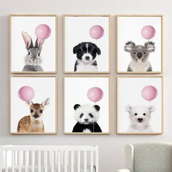 Baby Škôlky Wall Art Roztomilý Kreslený Zvierat Obrázky Bubblegum Žirafa Panda Plagáty Zebra Plátno Na Maľovanie Pre Dieťa Spálňa Decor