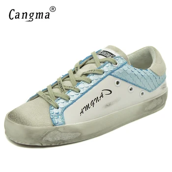 CANGMA Retro Ženy Obuv Vysokej Kvality, Bielej A Modrej Ležérne Topánky Pre Ženy Originálne Kožené Tenisky Semiš Pohodlie Byty