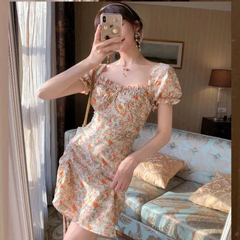 Sladké Šaty 2020 Nové Letné Ženy Kvetinový Tlač Dlho Šifón Šaty Žena Krátky Rukáv Skladaný Vestidos kórejský Módne Mini šaty