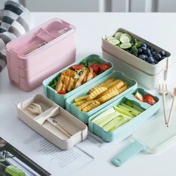 900 ml Prenosné Zdravé Materiál Lunch Box 3 Vrstvy Pšeničnej Slamy Bento Boxy Mikrovlnná Riadu Skladovanie Potravín