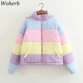 Woherb 2020 Kawaii Zimná Bunda Ženy Japonský Sladké Rainbow Vatovaný Kabát Dámy Vetrovka Voľné Kapucňou Skrčil Bundy Femme 20614