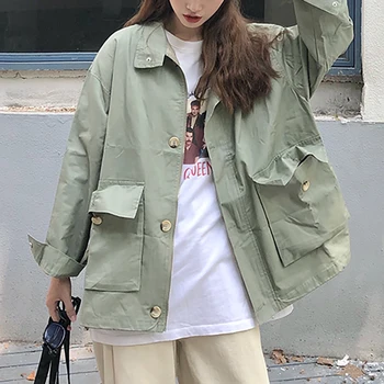 Kórejský Štýl Voľné Nákladu Bunda Ženy Streetwear Batwing Dlhý Rukáv Vrecká Nadrozmerné Kabát Vintage Jeseň Bežné Zimné Bundy