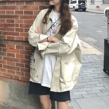 Kórejský Štýl Voľné Nákladu Bunda Ženy Streetwear Batwing Dlhý Rukáv Vrecká Nadrozmerné Kabát Vintage Jeseň Bežné Zimné Bundy
