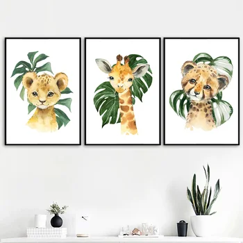 Žirafa, Slon, Lev Jungle Nordic Plagáty a Vytlačí Zelenej Listovej Wall Art Plátno maľovať Obrázky pre Chlapcov Obývacia Izba Dekor