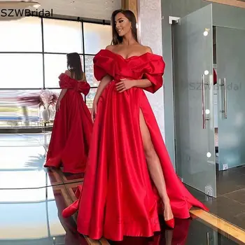 Nové ArrivalSatin Večer Červené Šaty Pre Nevestu S Rukávmi Ramena 2021 Strany Sexy večerné Šaty S Bočným Otvorom