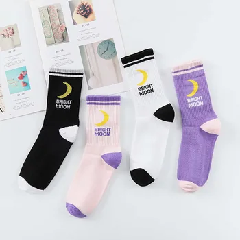 Ženy Harajuku Hip Hop Jeseň Pružné Rebrá Výbava Dlho Posádky Ponožky New Moon Písmená Tlačené Pruhy Páry Bavlna Trubice Pančuchový Tovar