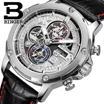 Švajčiarsko pánske hodinky, luxusné značky náramkových hodiniek BINGER Quartz muži hodinky kožený remienok Chronograf Diver glowwatch B6009-3