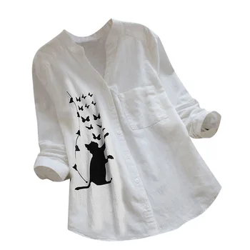 Mačka Tričko Ženy Blúzka 2020 Letné Módy Dlhý Rukáv Ležérne Oblečenie Cute Cat Kawaii Košele Biele Camisas Blusa Blanca Mujer