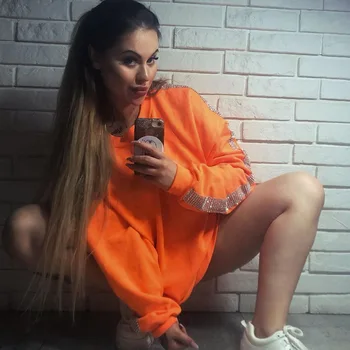 2019 Nový Príchod Jesene Neon Orange Hoodies Pevné Dlhý Rukáv Voľné Hoodie Streetwear Ženy Pulóver S Diamond Mikiny