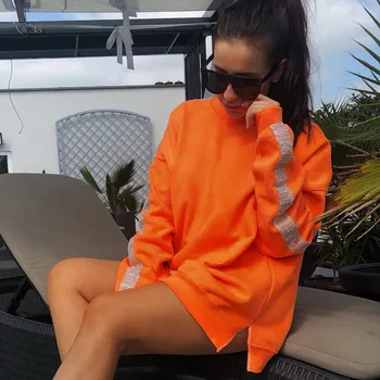 2019 Nový Príchod Jesene Neon Orange Hoodies Pevné Dlhý Rukáv Voľné Hoodie Streetwear Ženy Pulóver S Diamond Mikiny