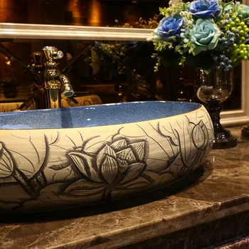 Vintage Štýl, Umenie Porcelánu Počítadlo top Umývadlo Umývadlo Ručné Kúpeľňa Keramické Nádoby Chladiča Márnosťou, umývadlo keramické rezbárstvo lotus