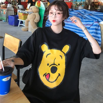 2019 Nové kórejská Verzia Lete Medveď Karikatúra Tlače Dlho Bavlna Okrúhlym Výstrihom, Krátke rukávy T-shirt Žena Topy