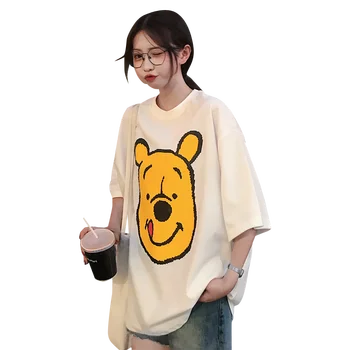 2019 Nové kórejská Verzia Lete Medveď Karikatúra Tlače Dlho Bavlna Okrúhlym Výstrihom, Krátke rukávy T-shirt Žena Topy