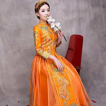 Svadobné cheongsam tradičnej Čínskej nevesty šaty Dávnych manželstva kostým, šaty oblečenie dámske výšivky phoenix červená Qipao