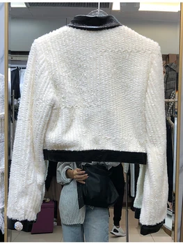 Kontrastné farby PU kožené klope sequin krátka bunda dámske jesenné a zimné nový štýl + vysoký pás hip sukne módne farby