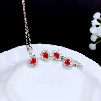Elegantné Prírodné Šperky, Ruby Sady pre Ženy Strany Krúžok Náušnice a Náhrdelník Jemné Šperky Originálne Červené Drahokamy S925 striebro