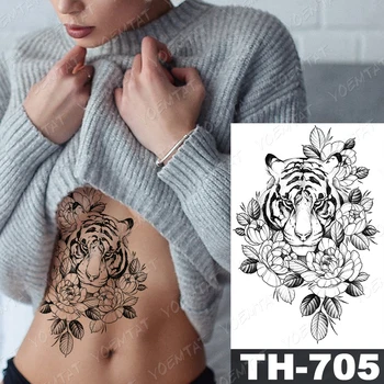 Nepremokavé Dočasné Tetovanie Nálepky Line Tiger, Leopard Pivónia Kvet Flash Tetovanie Žena, Náčrt, Paže, Hrudník Body Art Falošné Tetovanie