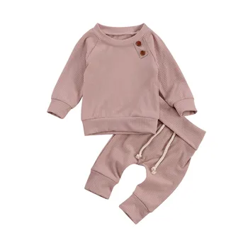 #50 0-24m Novorodenca Pyžamo Sleepwear Nastaviť 2020 Novorodenca Zimné O-krku Oblečenie Baby Chlapci, Dievčatá Pevný Pletený Topy+ Sťahovacie Nohavice