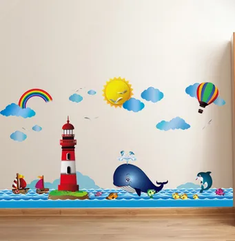 Cartoon Maják veľryba More, Oceán Mraky Stenu, Nálepky, Domáce Dekorácie pre Deti Izba Home Decor Art Vinylové Tapety Odtlačkový