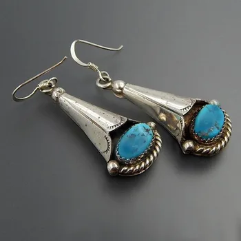Vintage Blue Stone Dlho Trúby Kvetinový Náušnice pre Ženy České Šperky Tibetskej Turquoises Drop Visieť Náušnice