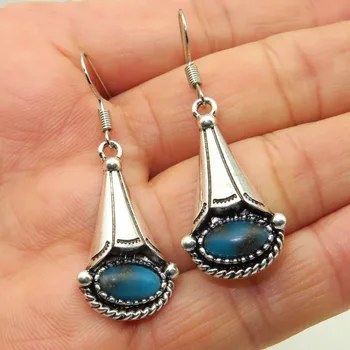 Vintage Blue Stone Dlho Trúby Kvetinový Náušnice pre Ženy České Šperky Tibetskej Turquoises Drop Visieť Náušnice