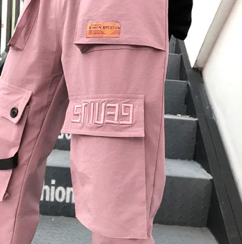Safari štýl iny Nové kórejské oblečenie pre Ženy harajuku ulzzang osobnosti veľké vrecká voľné písmeno pohyb bežné cargo nohavice