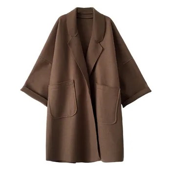 2020 Módne Nadrozmerná Voľné Vlnené Kabát Na Jeseň Zimná Bunda Dlho Style Plus Veľkosť Brown Black Vrecku Bundy Vrchné Oblečenie Žena