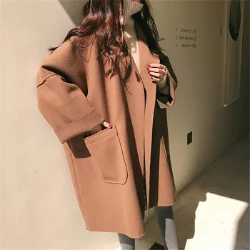 2020 Módne Nadrozmerná Voľné Vlnené Kabát Na Jeseň Zimná Bunda Dlho Style Plus Veľkosť Brown Black Vrecku Bundy Vrchné Oblečenie Žena