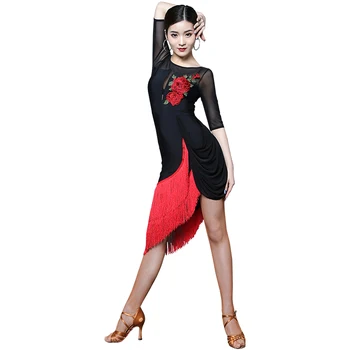 Sexy Latinské Tanečné Šaty Červená Čierna Fringe Latinskej Tanca Kostým Pre Ženy Latinskej Tanečnej Súťaže Šaty Rose Výšivky