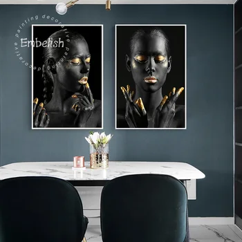 1 Ks Sexy Nahé Africkej Ženy Zlaté Pery Moderného Domova Nástenné Plagáty Pre Obývacia Izba HD Plátno olejomalieb Obrázky