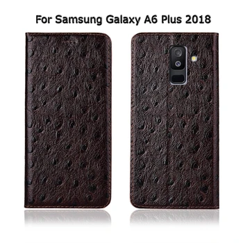 Pštrosie Textúra Skutočné Krava Kožené Puzdro Pre Samsung Galaxy A6 / A6 Plus 2018 Kryt Flip Stojan Magnetické Telefón Taška
