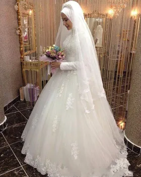 Arabský Svadobné Šaty Islamskej Dlhý Rukáv Moslimských Svadobné Šaty Arabských Plesové Šaty, Čipky Hidžáb Svadobné Šaty 2020