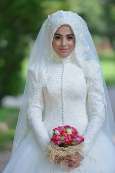 Arabský Svadobné Šaty Islamskej Dlhý Rukáv Moslimských Svadobné Šaty Arabských Plesové Šaty, Čipky Hidžáb Svadobné Šaty 2020