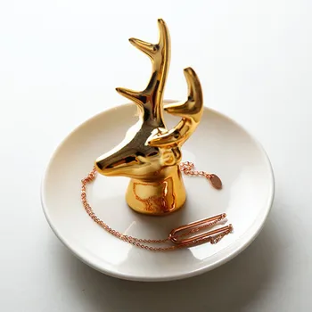 Zlatý Jeleň Antler Skladovanie Dosky Mini Tvorivé Keramické Krúžok Zásobník Elegantný Náhrdelník Dekoratívne Displej Platňou Keramika Šperky Zásobník